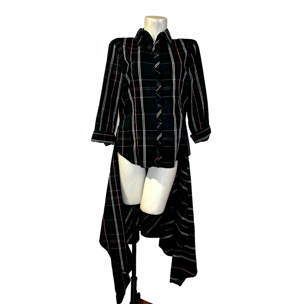 NEW YORK & COMPANY 7th Avenue Design Studio Plaid Button Long Drape Tail Shirt L
